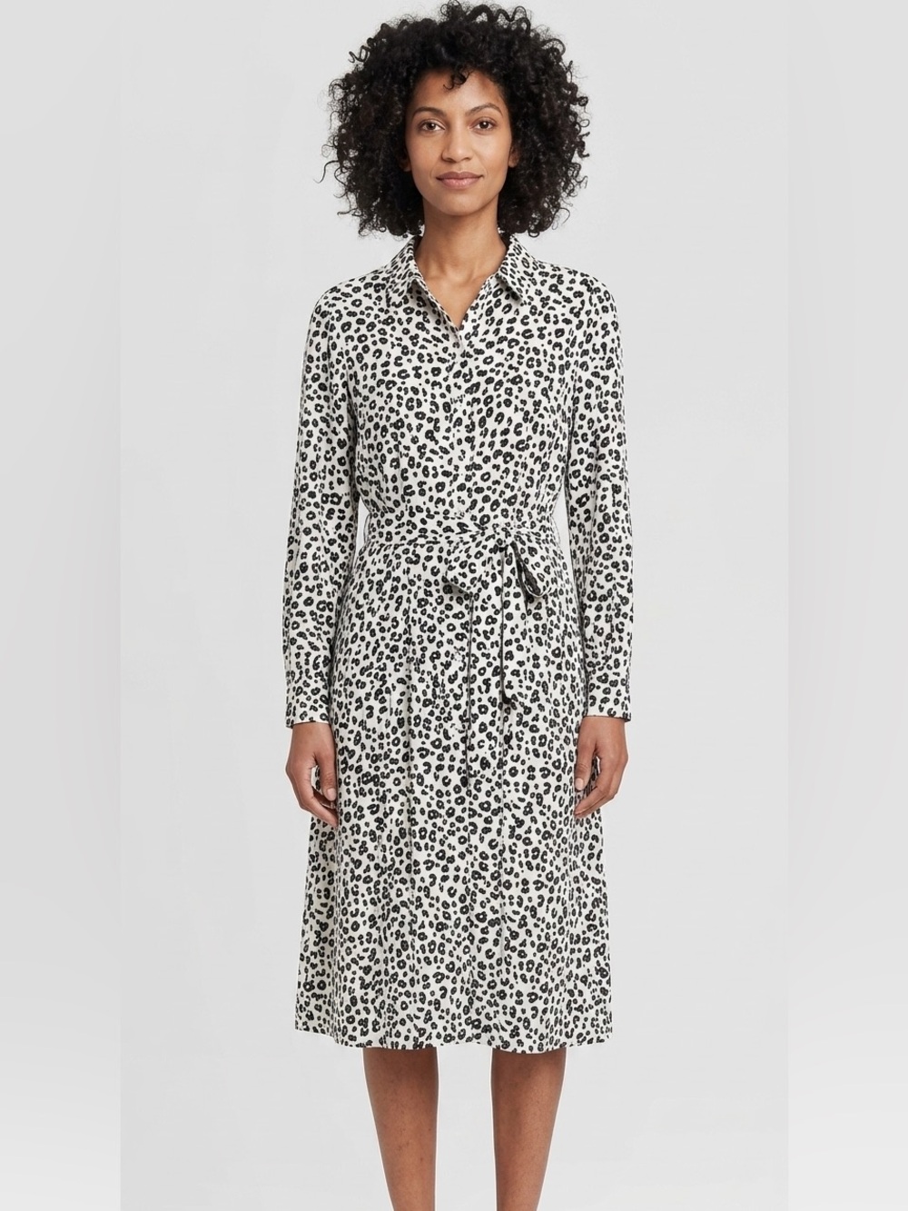 LOFT White and Black Leopard Print Long Sleeve Midi Dress